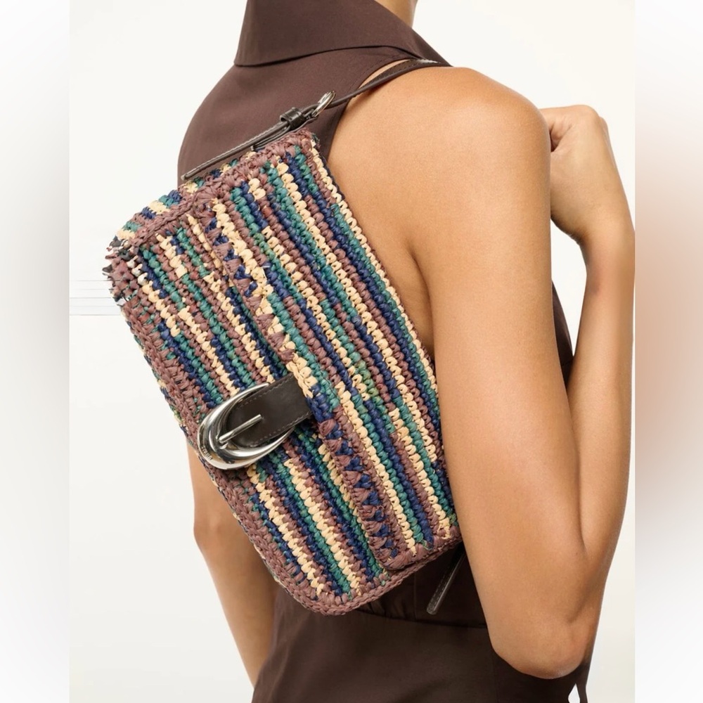 Staud Harlow Woven Multicolor Shoulder Bag with Brown Trim & Silver Buckle NWT - Picture 2 of 16